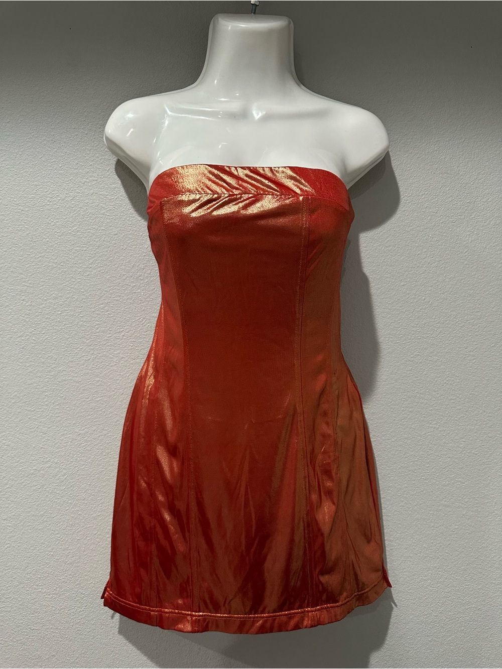 Urban Outfitters Strapless Shimmer Mini Dress in Red-Orange Satin